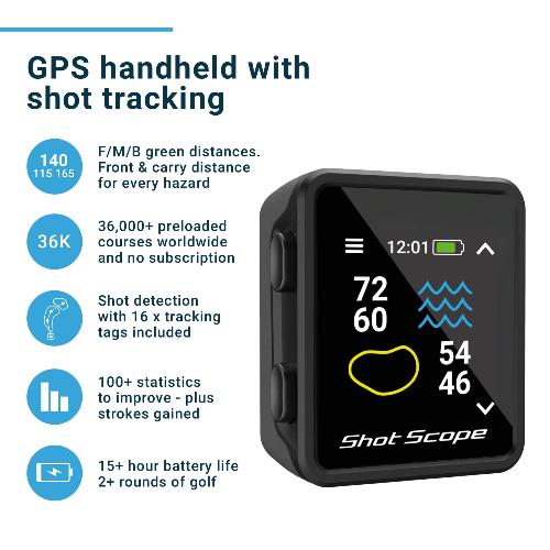 Shot Scope H4 GPS Handheld with Performance Tracking - F/M/B green and hazard distances - 36,000+ pre-loaded courses - 100+ statistics including Strokes Gained - No subscriptions